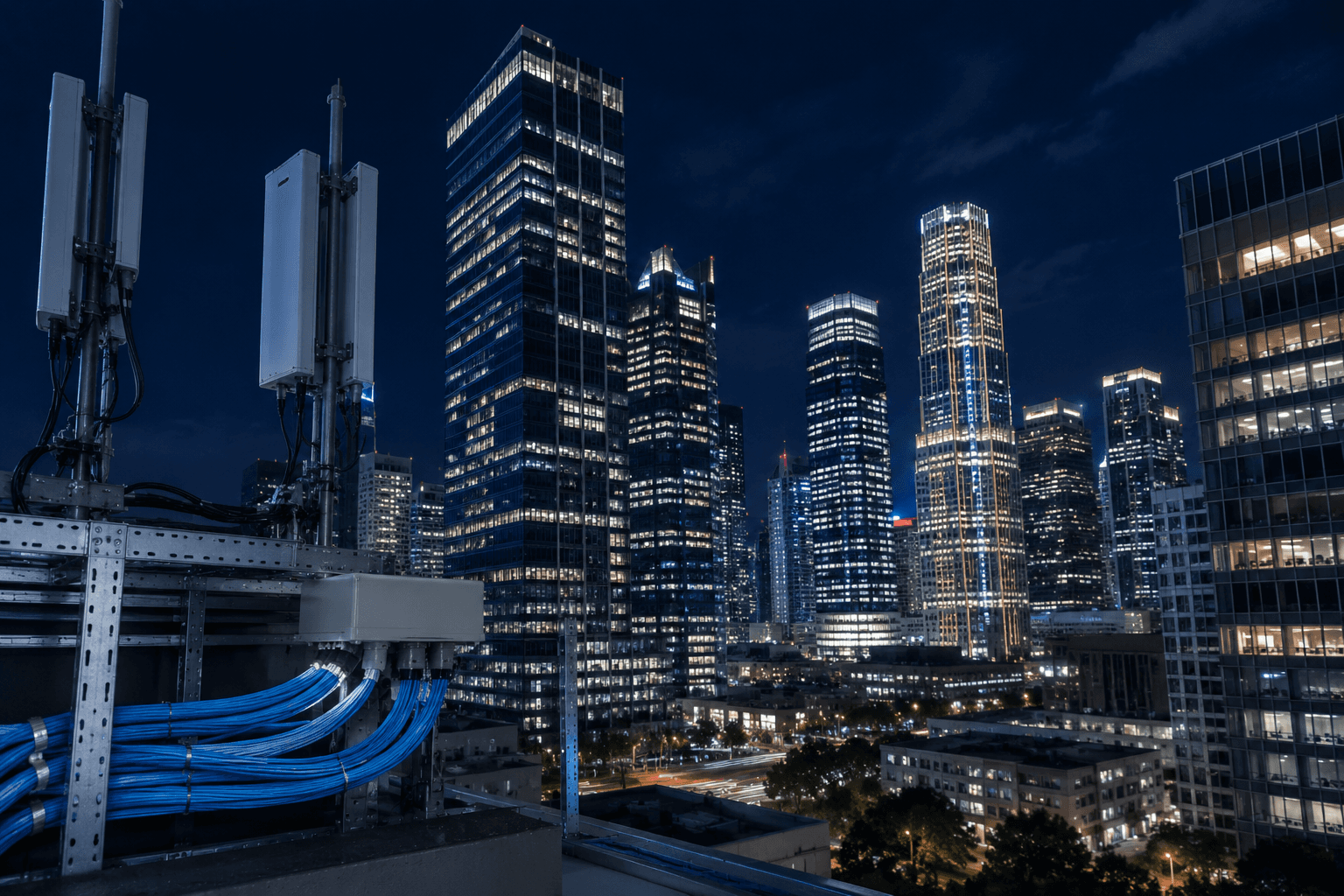 City skyline at night with telecommunications infrastructure in the foreground