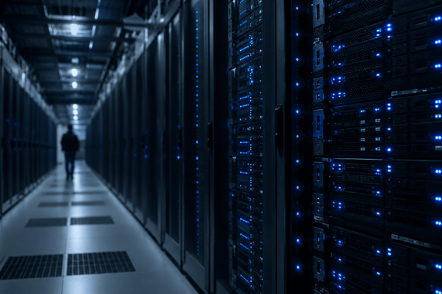 Data center server hall corridor lined with racks