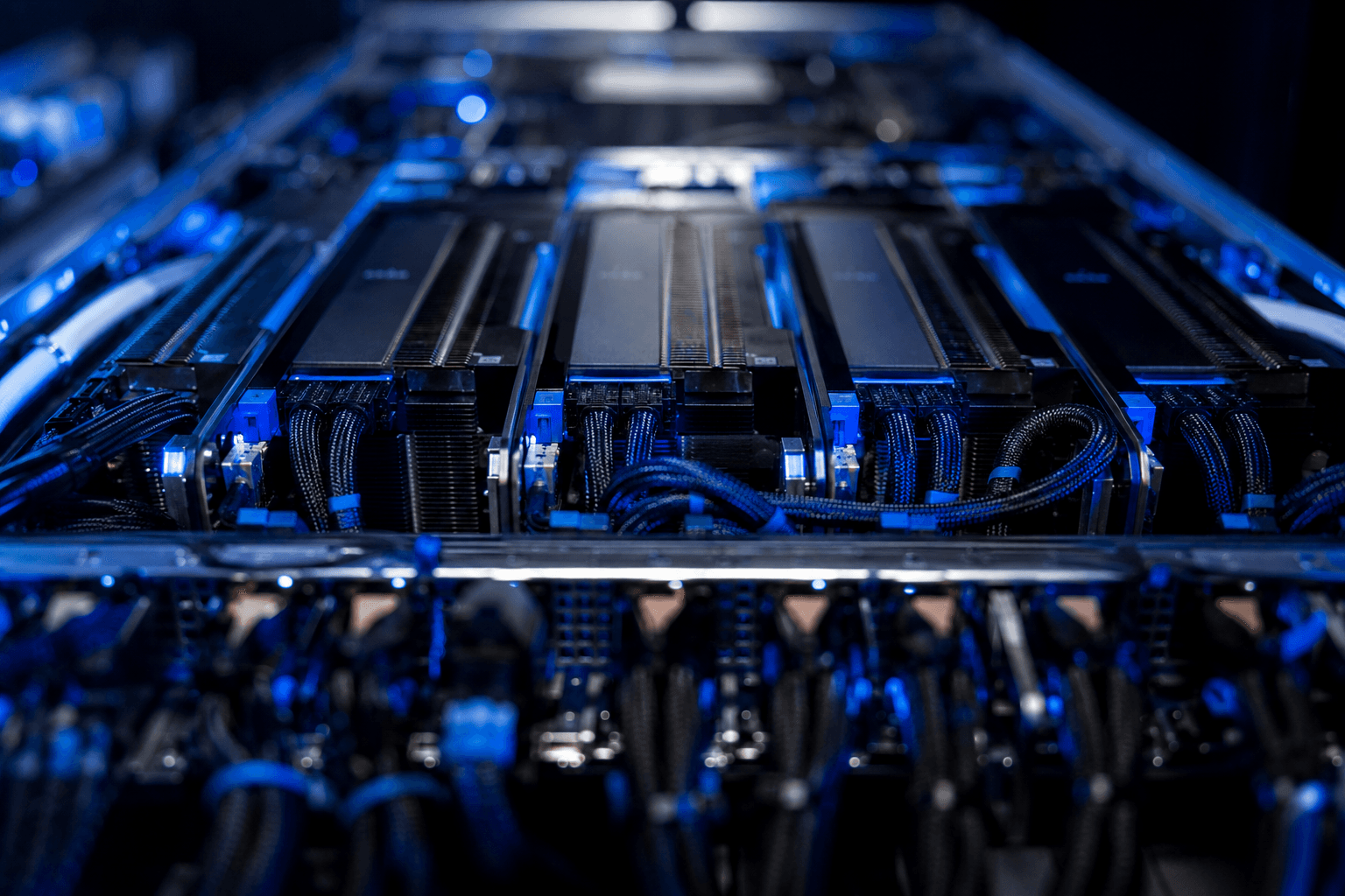 Close-up of GPU server hardware and cabling