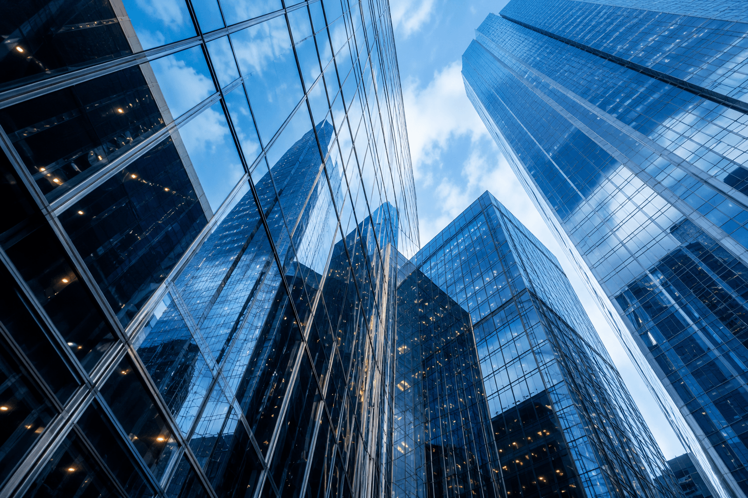 Low-angle view of glass office towers in a financial district