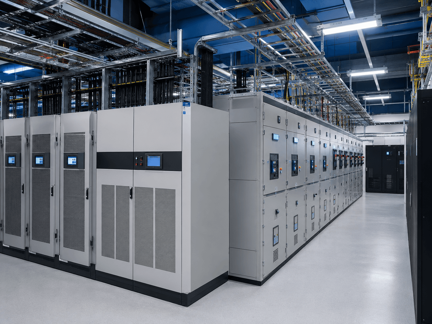 Data centre electrical infrastructure room with switchgear cabinets