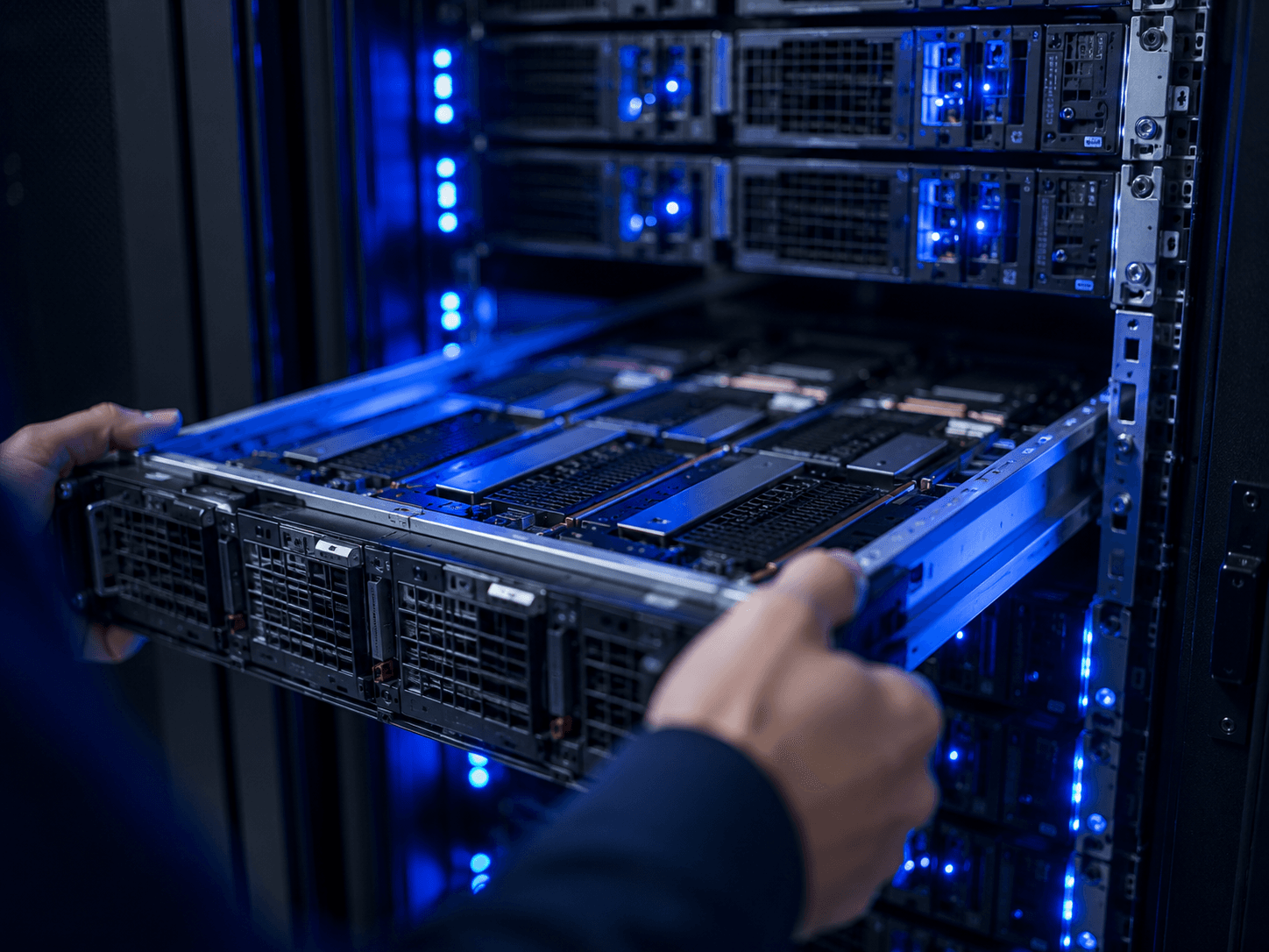 Technician installing a GPU server blade into a rack
