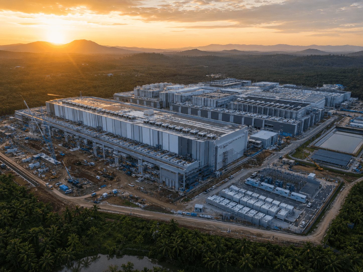 Aerial view of a hyperscale data centre campus under construction at sunset