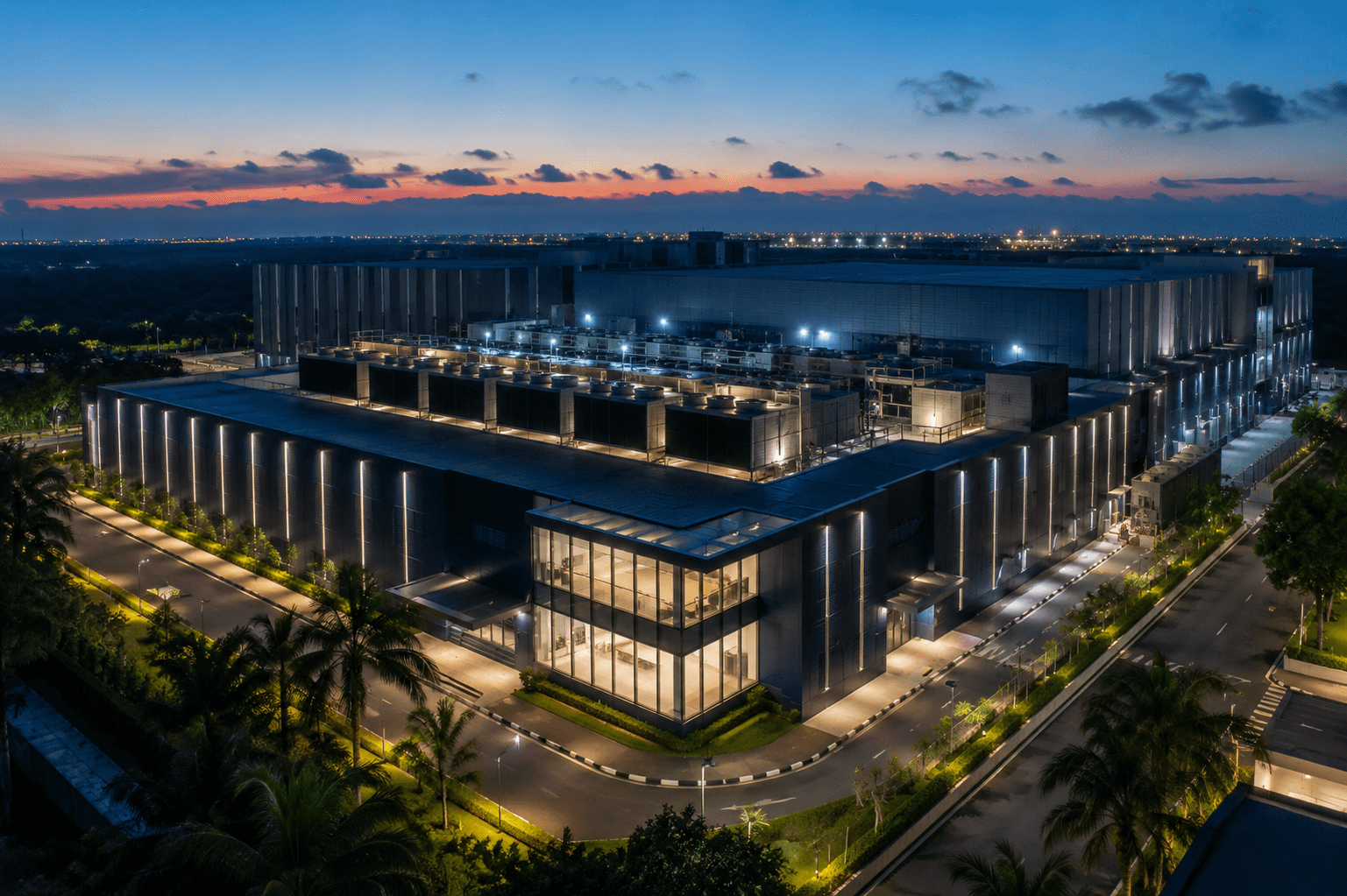 Aerial view of a data centre campus at dusk